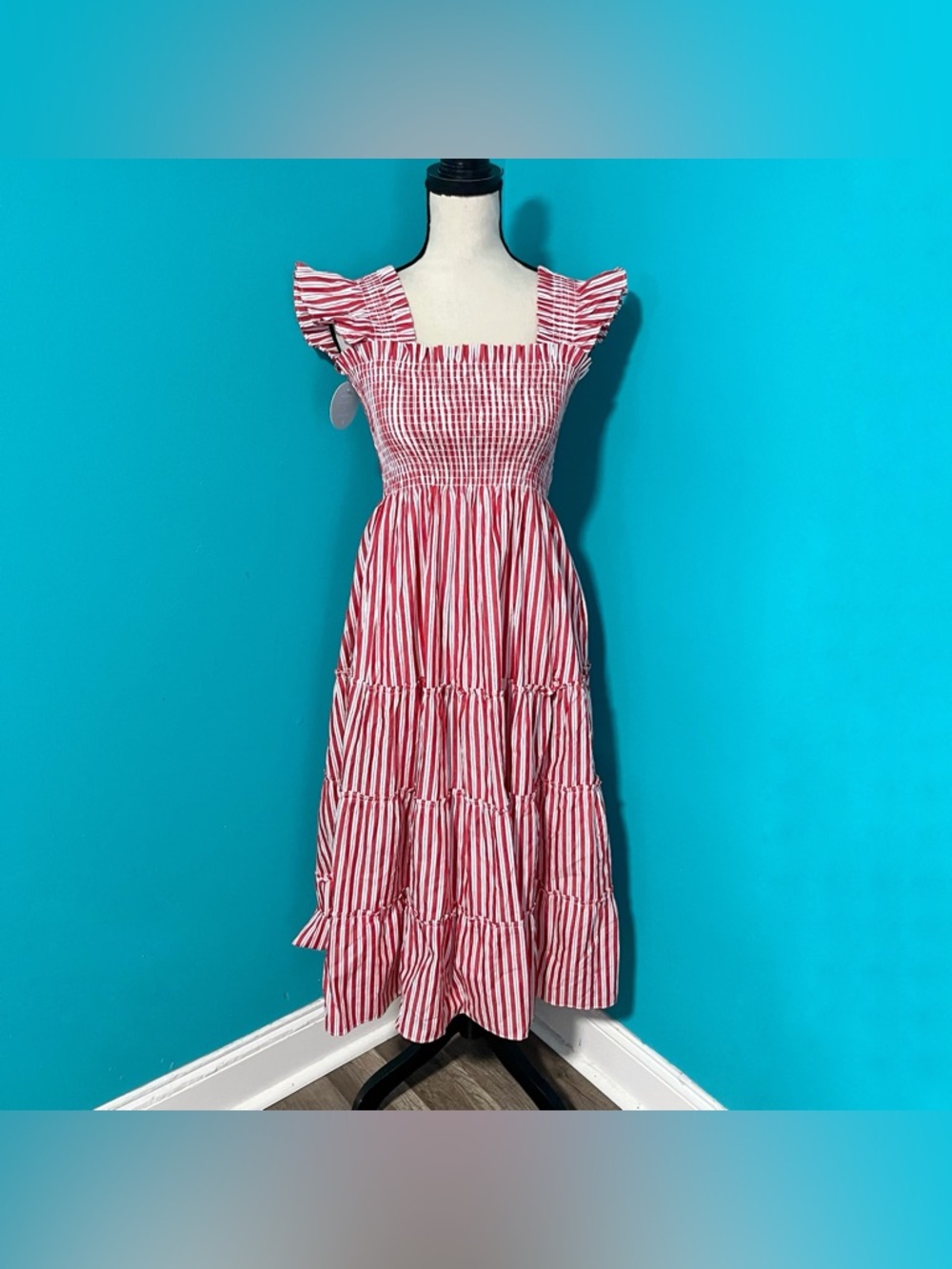 NWT Hill House S Red White Striped Ellie Nap Dress Tiered Ruffle Midi - Picture 4 of 8